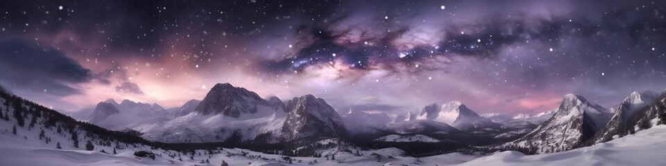 a snowy mountain covered in lots of snow, a matte painting, digital art, purple nebula, high under the silent night sky, generative ai
