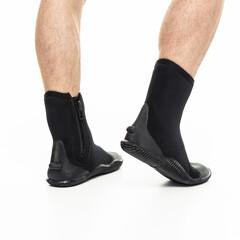 Man in diving boots on white background. Square. Non-slip sole