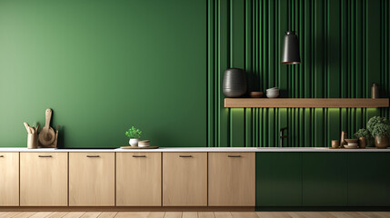 a wall with bright green walls near light cabinets, in the style of kitchen still life, realistic, detailed rendering, minimalist graphic designer, light maroon and dark green, wood, contemporary cand