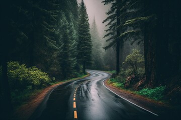 a road on a soggy spring day amid a hazy forest. Beautifully winding mountain road, foggy woods, and overcast skies. A summertime view with a deserted asphalt road between some trees. Generative AI - obrazy, fototapety, plakaty
