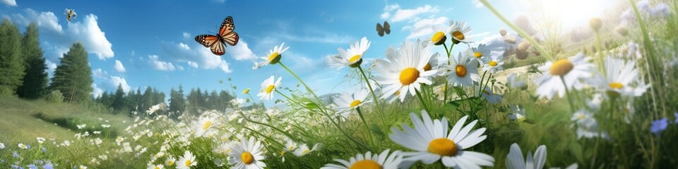 illustration, chamomile daisy in the field, website header, ai generative