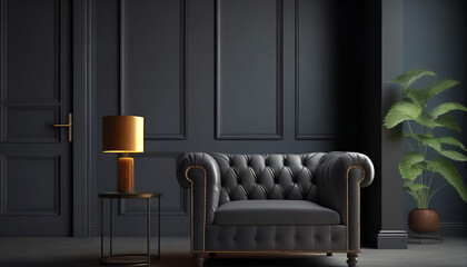 Modern living room interior with sofa, The interior has a sofa and an armchair against a black wall, Generative AI