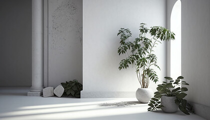 Empty room with a window and a plant, An empty room with a white plaster wall and plants on the floor, Generative AI