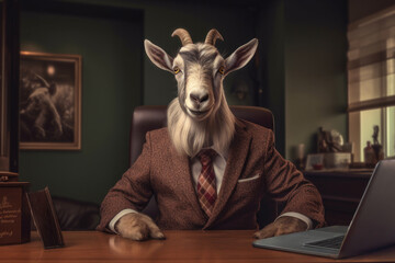 Anthropomorphic goat in business suit at work in its office