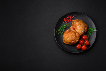 Delicious juicy chicken thighs baked with salt, spices and herbs in a ceramic plate
