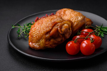Delicious juicy chicken thighs baked with salt, spices and herbs in a ceramic plate
