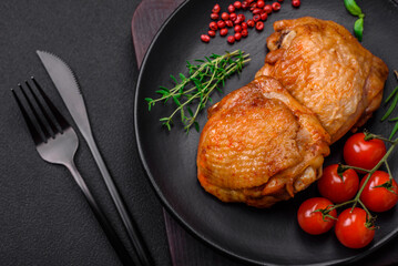 Delicious juicy chicken thighs baked with salt, spices and herbs in a ceramic plate