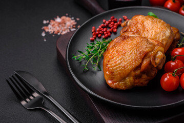 Delicious juicy chicken thighs baked with salt, spices and herbs in a ceramic plate