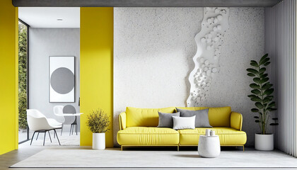 Modern living room with furniture, The living area features a white plaster wall, a yellow sofa, and plants, Generative AI