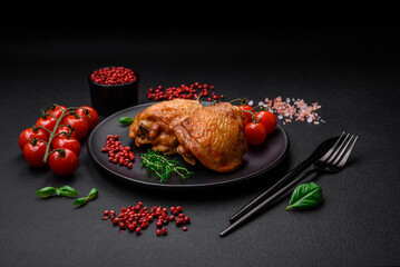 Delicious juicy chicken thighs baked with salt, spices and herbs in a ceramic plate