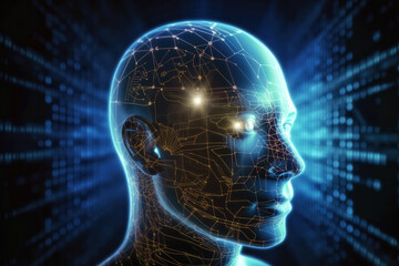 Obraz premium Humanoid android head with visible electronic circuitry, concept of neural networks and artifitial intellligence