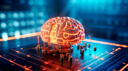 human brain on blue futuristic background. Generative Ai. 