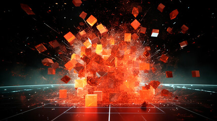 Fototapeta na wymiar orange squares flying apart in an explosion on a black background, abstraction. Generative Ai. 