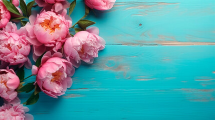 bouquet of pink peonies on a wooden turquoise table with empty space for insertion, top view. Generative Ai. 