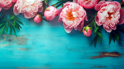 pink peonies on a wooden turquoise table with empty space to insert. Generative Ai. 