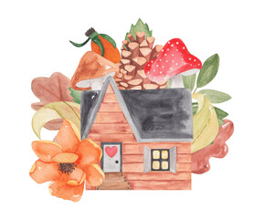Watercolor illustration of autumn house with leaves, rose hip, mushrooms and cone on transparent background