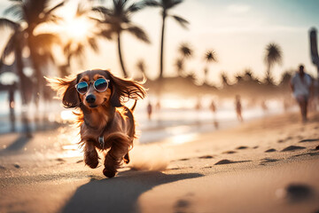 Sun-Kissed Tails: A Dog's Beachside Paradise - obrazy, fototapety, plakaty