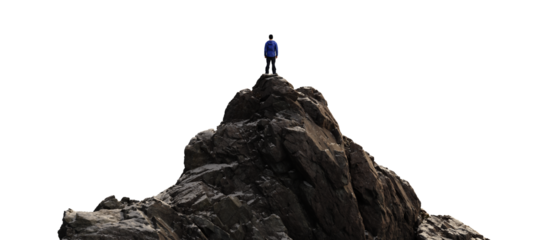 Rocky Mountain Peak with man Standing. Transparent background. Adventure Concept.
