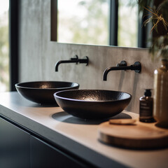 Industrial Minimalist Rustic Bathroom with Stone Sink and Beautiful Modern Accessories - Plaster and Concrete Walls - Dutch Style Interior Design - Generative AI