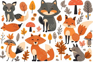 foxes in a forest surrounded by leaves and mushrooms. Generative AI