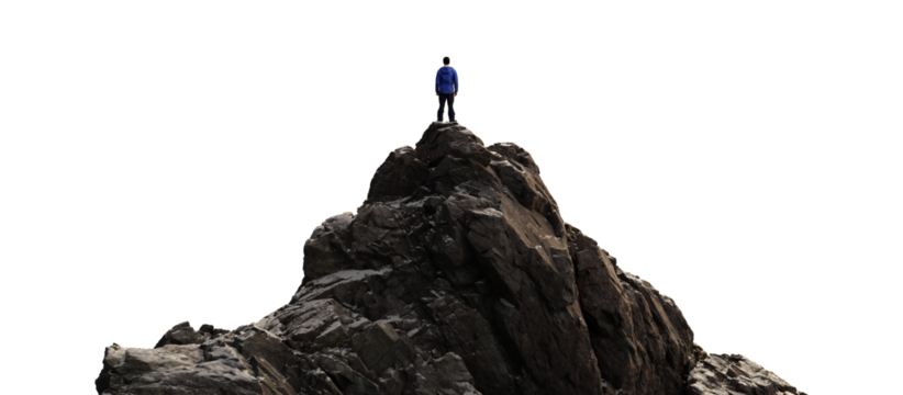 Rocky Mountain Peak with man Standing. Transparent background. Adventure Concept.