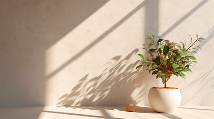 tropical plant in a vase near the wall on a sunny day. Generative Ai. 