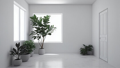 Empty room with a window and a plant, An empty room with a white plaster wall and plants on the floor, Generative AI