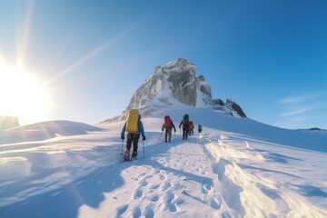 Fototapeta na wymiar illustration, group of mountain climbers, climb the slope, ai generative