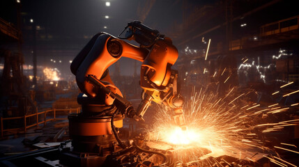 powerful welding robot in the factory. Generative Ai. 