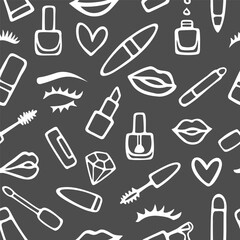 Vector seamless pattern with makeup, beauty elements. Hand drawn, doodle style. Design for fabric, wrapping paper, wallpaper, packaging.