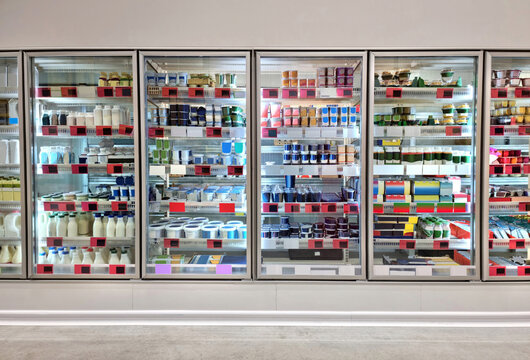 dairy products, food in refrigerator of supermarket. commercial image