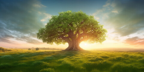 Lonely ancient oak tree on a hill amidst a panorama of lush green grasslands at sunrise