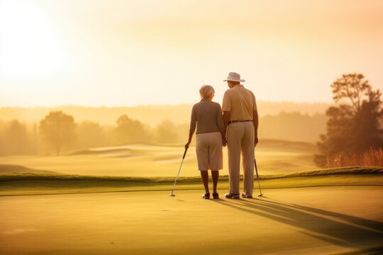 Dynamic senior couple, clutching golf clubs on the verdant field, as the highland sunset