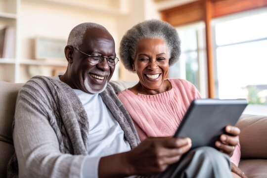Joyful African American couple, grey-haired seniors, smile while using a tablet on a cozy sofa,