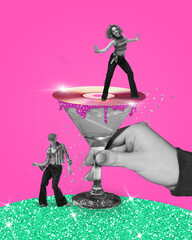 Artistic, stylish young man and woman in retro style clothes dancing, drinking cocktails and having...