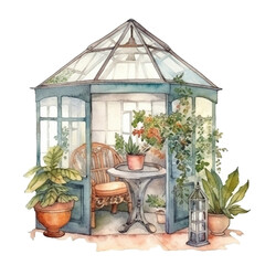 Fototapeta na wymiar Greenhouse Glasshouse - Detailed Watercolor Painted - PNG Transparent Clipart - Flowers and Plants, Generative AI