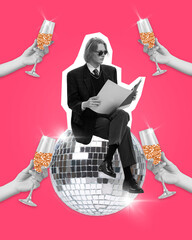 Young stylish man sitting on disco ball, reading newspaper with serious face around hands holding champagne glasses. Contemporary art collage.