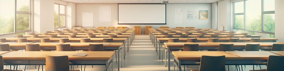 illustration, blurred empty college classroom, website header, ai generative