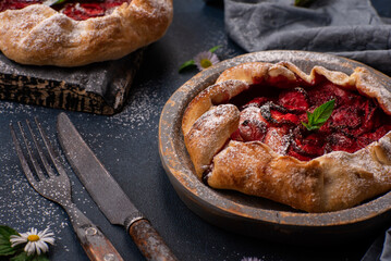 Delicious fresh sweet homemade rustic style strawberry tart