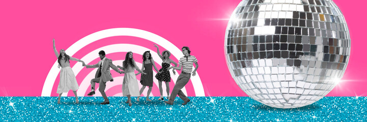 Groupf of young people, friends in retro clothes dancing near big disco ball. Having fun on weekends. Contemporary art collage.