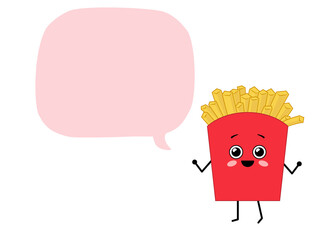 Cute kawaii french fries with a big speech bubble. Cartoon character french fries with a place for text. Illustration on transparent background