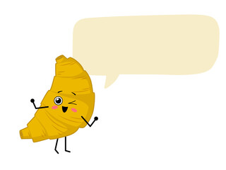 Cute kawaii croissant with a big speech bubble. Cartoon character traditional french croissant with a place for text. Illustration on transparent background
