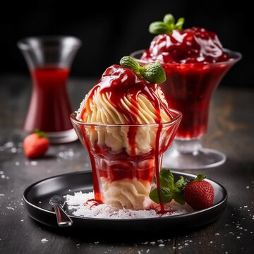 Indulge in Exquisite Delights: Luxurious Spaghetti Ice Cream Cup with Tempting Strawberry Sauce