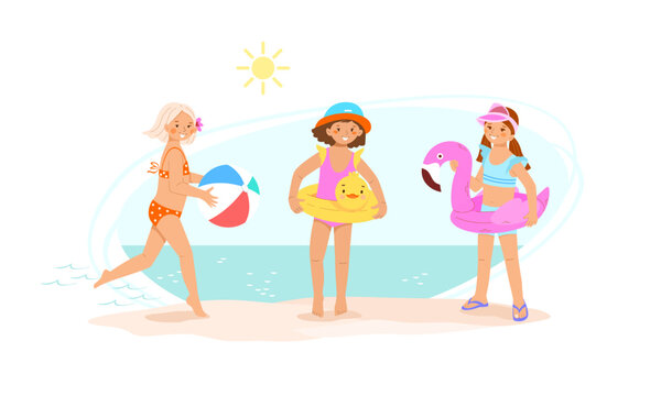 Three cute little girls in bright swimsuits on seashore with beach ball, inflatable circles in form of flamingos and ducks. Vector illustration of family vacation at sea with children.