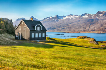 Breathtaking view of old house at Teigarhorn ( was built in 1880-1882). - Powered by Adobe