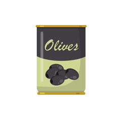 Vector canned olives isolated on white background. Black ripe olives preserved in a jar. Food label or packaging design.