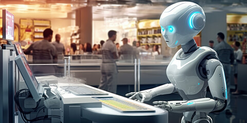 Obraz premium Digital Innovation: AI Robot Cashier Simplifies Sales Process