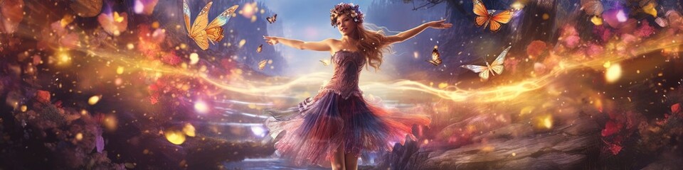 illustration, magical dancing fairy in the forest, website header, ai generative