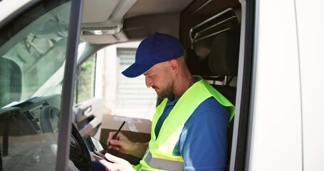 Portrait Of Confident Delivery Man Smiling