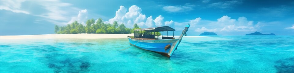 Obraz premium illustration, beautiful landscape, tropical island with boat, website header, ai generative